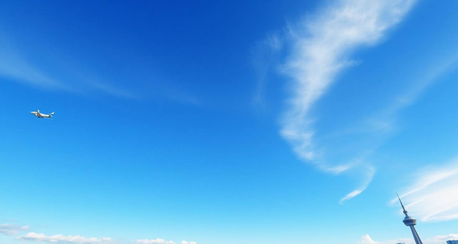 Airliner over a bright blue sky with city skyline